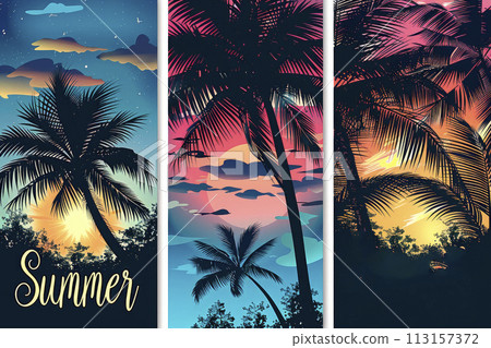 Set of summer tropical background with palms,sky and sunset Set of summer tropical background with palms,sky and sunset 113157372