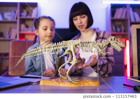 Mother and her daughter studying fossil animals examine skeleton of dinosaur. Mother and her daughter studying fossil animals examine skeleton of dinosaur. 113157463