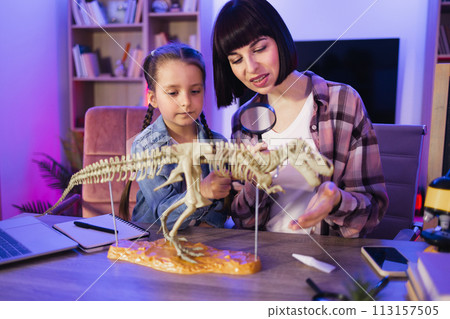 Focused young woman examine skeleton of dinosaur with magnifying glass. Focused young woman examine skeleton of dinosaur with magnifying glass. 113157505