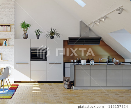 modern attic kitchen interior 113157524