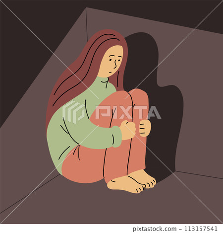 Sad young woman on white background Sad young woman on white background 113157541