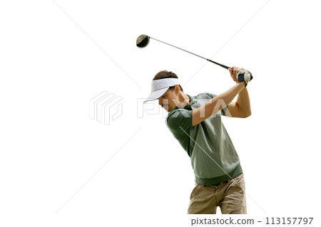 Male golf player on professional golf course. Golfer with golf club taking shot against white studio background. 113157797