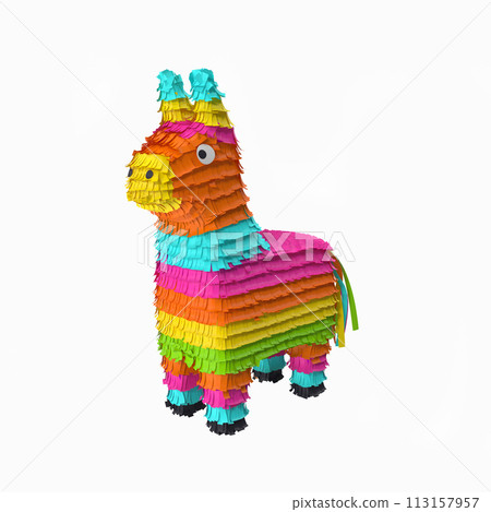 Traditional multi colored Mexican party pinata on a white background 113157957