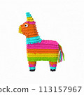 Traditional multi colored Mexican party pinata on a white background 113157967