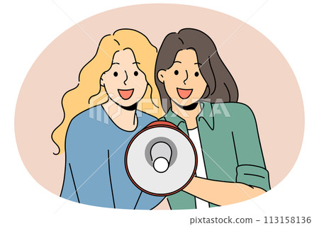 Smiling girls announce sale deal in megaphone Smiling girls announce sale deal in megaphone 113158136