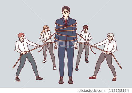 Teamwork business people with ropes, together creating strong colleague to solve corporate problems Teamwork business people with ropes, together creating strong colleague to solve corporate problems 113158154