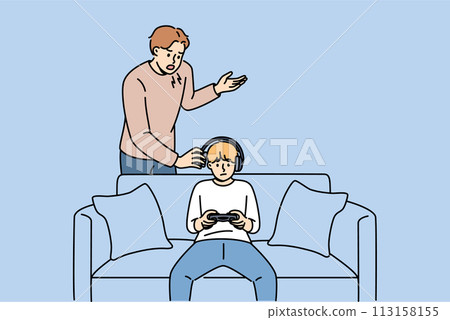 Father yells at naughty child who plays video games and refuses comply with parents demands Father yells at naughty child who plays video games and refuses comply with parents demands 113158155