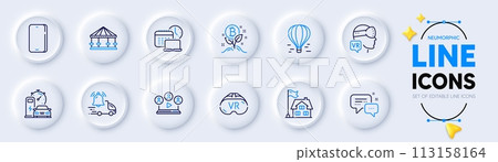 Phone, Building and Employees messenger line icons for web app. Pack of Charging station, Carousels, Video conference pictogram icons. Augmented reality, Vr, Air balloon signs. Work time. Vector Phone, Building and Employees messenger line icons for web app. Pack of Charging station, Carousels, Video conference pictogram icons. Augmented reality, Vr, Air balloon signs. Work time. Vector 113158164