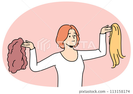 Smiling woman choosing wig 113158174