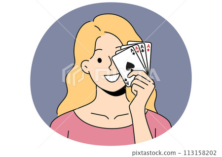 Smiling woman with poker cards 113158202