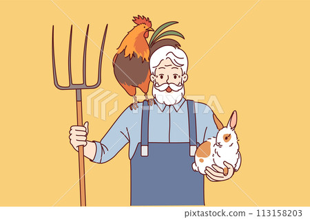 Elderly man farmer engaged in agriculture and livestock raising holds rake and rabbit with rooster Elderly man farmer engaged in agriculture and livestock raising holds rake and rabbit with rooster 113158203