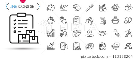 Pack of Throw hats, Ambulance transport and Love ticket line icons. Include Juice, Plane, Fingerprint lock pictogram icons. Fork, Employee result, Divorce lawyer signs. Timer. Vector 113158204