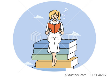 Smiling girl read book sitting on textbooks pile 113158207