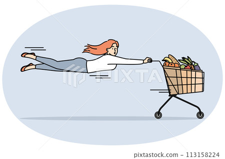 Woman with shopping cart full of groceries 113158224