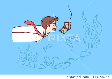 Money trap in front of business man swimming underwater with banknote on fishing rod hook 113158243