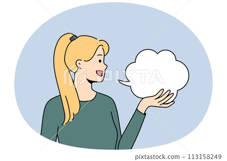 Smiling girl hold speech bubble 113158249