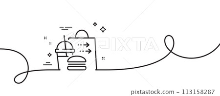 Food delivery line icon. Continuous one line with curl. Cheeseburger with Soft drink sign. Catering service symbol. Food delivery single outline ribbon. Loop curve pattern. Vector Food delivery line icon. Continuous one line with curl. Cheeseburger with Soft drink sign. Catering service symbol. Food delivery single outline ribbon. Loop curve pattern. Vector 113158287