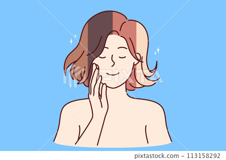 Woman with multi-colored hairstyle is considering changing image and choosing new hair dye Woman with multi-colored hairstyle is considering changing image and choosing new hair dye 113158292