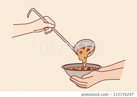 Plate soup in hands of poor person receiving food from charity that provides meals for food stamps 113158297