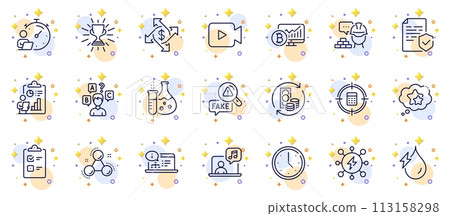 Outline set of Timer, Ranking stars and Certificate line icons for web app. Include Online documentation, Calculator target, Hydroelectricity pictogram icons. Payment exchange, Trophy. Vector 113158298