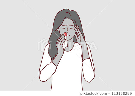 Bleeding from nose of sick woman holding handkerchief, caused by high intracranial pressure 113158299