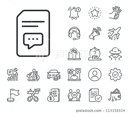 Information File with Speech bubble sign. Salaryman, gender equality and alert bell outline icons. Document with Comments line icon. Paper page concept symbol. Comments line sign. Vector 113158314