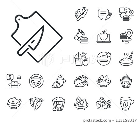 Cutlery sign. Crepe, sweet popcorn and salad outline icons. Cutting board line icon. Cooking knife symbol. Cutting board line sign. Pasta spaghetti, fresh juice icon. Supply chain. Vector 113158317