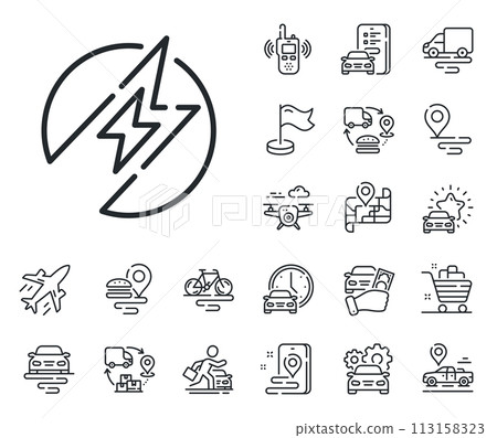 Charging power sign. Plane, supply chain and place location outline icons. Electric energy line icon. Charge lightning bolt symbol. Electric energy line sign. Taxi transport, rent a bike icon. Vector 113158323