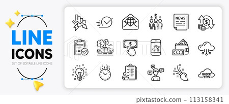 Idea, Payment click and Money wallet line icons set for app include Smartphone statistics, Time, Cloud computing outline thin icon. Checklist, Saving electricity, Pickup pictogram icon. Vector 113158341