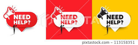 Need help tag. Speech bubble with megaphone and woman silhouette. Support service sign. Faq information symbol. Need help chat speech message. Woman with megaphone. Vector 113158351