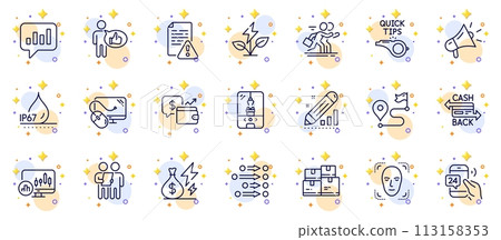 Outline set of Megaphone, 24h service and Cashback card line icons for web app. Include Crane claw machine, Candlestick chart, Like pictogram icons. Instruction manual, Face detection. Vector 113158353