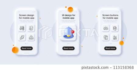 Medical tablet, Sun protection and Corn line icons pack. 3d phone mockups with bell alert. Glass smartphone screen. Health app, Medical vaccination, Face search web icon. Vector Medical tablet, Sun protection and Corn line icons pack. 3d phone mockups with bell alert. Glass smartphone screen. Health app, Medical vaccination, Face search web icon. Vector 113158368
