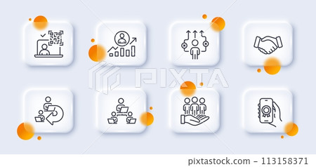 Career ladder, Business way and Award app line icons pack. 3d glass buttons with blurred circles. Delegate work, Teamwork, Qr code web icon. Best buyers, Handshake pictogram. Vector Career ladder, Business way and Award app line icons pack. 3d glass buttons with blurred circles. Delegate work, Teamwork, Qr code web icon. Best buyers, Handshake pictogram. Vector 113158371
