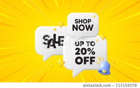 Up to 20 percent off sale. 3d offer chat speech bubbles. Discount offer price sign. Special offer symbol. Save 20 percentages. Discount tag speech bubble 3d message. Talk box banner with bell. Vector 113158379