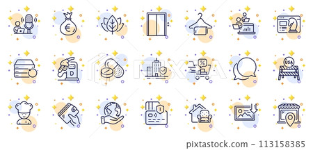 Outline set of Market location, Usa close borders and Recovery server line icons for web app. Include Chat message, Organic tested, Teamwork pictogram icons. Furniture moving. Vector 113158385