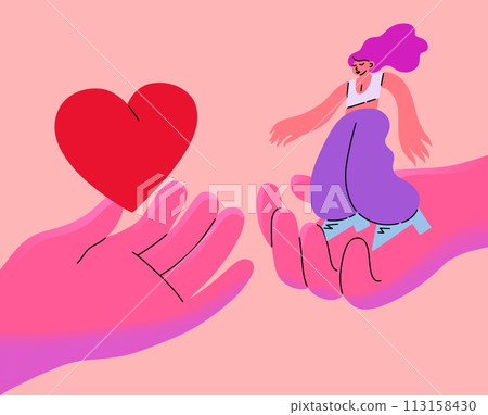 Help hand. Share and donate. Love heart on human palm. Woman empathy and charity compassion. Friends social support. Arms giving hope to girl. Generosity and assistance. Vector concept Help hand. Share and donate. Love heart on human palm. Woman empathy and charity compassion. Friends social support. Arms giving hope to girl. Generosity and assistance. Vector concept 113158430