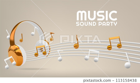3D headphone. Gold DJ music sound party. White and golden earphone. Listen melody in headset. Audio equipment. Glossy notes. Musical soundtracks. Stereo technology. Vector background 3D headphone. Gold DJ music sound party. White and golden earphone. Listen melody in headset. Audio equipment. Glossy notes. Musical soundtracks. Stereo technology. Vector background 113158438