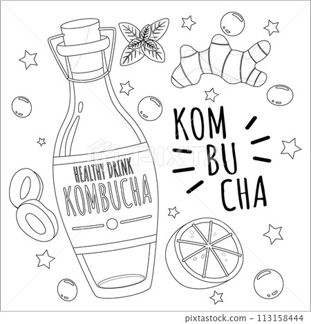 Kombucha bottle. Fermented tea. Antioxidant Chinese lemonade. Healthy vegan drink. Ginger and lemon pieces. Natural probiotic cider. Organic mushroom beverage. Vector banner line design 113158444