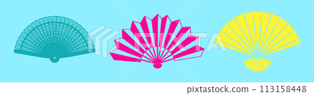Hand paper fan. Chinese souvenirs. Color silhouettes. Traditional culture. Handheld cooling accessory. Japan or China pattern. Flamenco festival. Japanese geisha attributes vector set Hand paper fan. Chinese souvenirs. Color silhouettes. Traditional culture. Handheld cooling accessory. Japan or China pattern. Flamenco festival. Japanese geisha attributes vector set 113158448