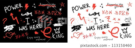 Urban typography. Graffiti texture. Graphic font slogan. Arrow and text for cool boy print or poster. Grunge wall painting. Underground lettering. Black and white NY vector background Urban typography. Graffiti texture. Graphic font slogan. Arrow and text for cool boy print or poster. Grunge wall painting. Underground lettering. Black and white NY vector background 113158460