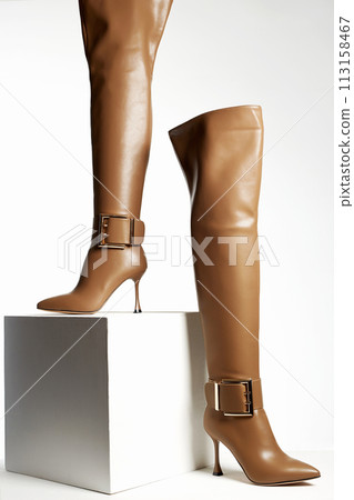 leather women's boots. Trendy hight heels shoes. fashion still life 113158467