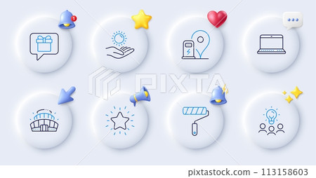 Rank star, Notebook and Charging station line icons. Buttons with 3d bell, chat speech, cursor. Pack of Business idea, Paint roller, Wish list icon. Sun protection, Arena stadium pictogram. Vector Rank star, Notebook and Charging station line icons. Buttons with 3d bell, chat speech, cursor. Pack of Business idea, Paint roller, Wish list icon. Sun protection, Arena stadium pictogram. Vector 113158603