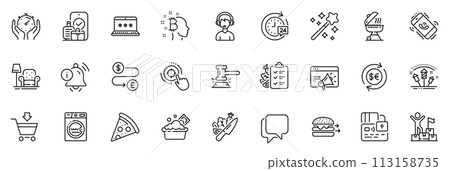 Icons pack as Delivery man, Pizza and Armchair line icons for app include Online market, Card, Laundry outline thin icon web set. Judge hammer, Money currency, Seo target pictogram. Vector 113158735