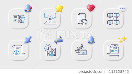 Internet document, Legal documents and Inflation line icons. Buttons with 3d bell, chat speech, cursor. Pack of Teamwork, Video conference, Interview job icon. Vector Internet document, Legal documents and Inflation line icons. Buttons with 3d bell, chat speech, cursor. Pack of Teamwork, Video conference, Interview job icon. Vector 113158743