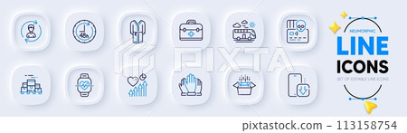 48 hours, Heart beat and Bus travel line icons for web app. Pack of Human resources, Phone download, Vote pictogram icons. Boxes pallet, Bathrobe, Cardio training signs. First aid. Vector 113158754