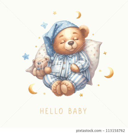 Cute baby shower watercolor invitation card with sleeping bear on moon and cloud. Cute baby shower watercolor invitation card with sleeping bear on moon and cloud. 113158762