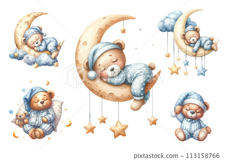 Set of watercolor sleeping bear on moon and cloud. Set of watercolor sleeping bear on moon and cloud. 113158766