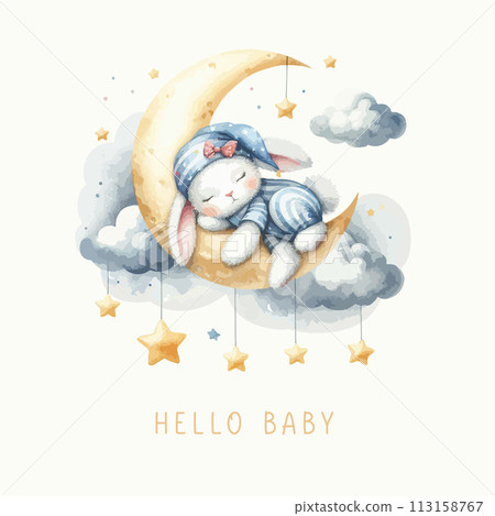 Cute baby shower watercolor invitation card with sleeping bunny on moon and cloud. Cute baby shower watercolor invitation card with sleeping bunny on moon and cloud. 113158767
