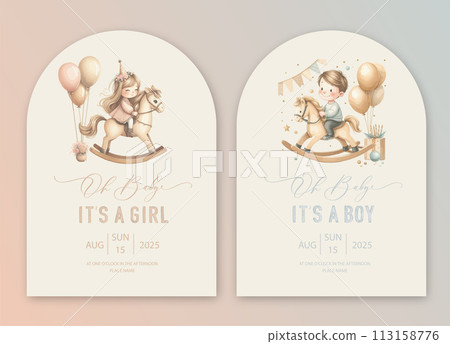 Cute arch baby shower watercolor invitation card for new born celebration with boy and girl on a toy rocking horse with balloons. 113158776