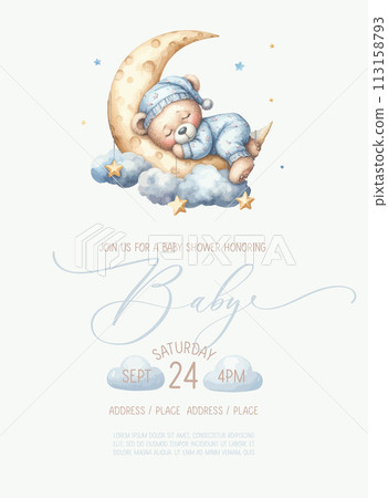 Cute baby shower watercolor invitation card with sleeping bear on cloud and moon. Cute baby shower watercolor invitation card with sleeping bear on cloud and moon. 113158793